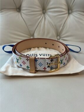 Louis Vuitton X Murakami White Multicolor Monogram Leather Belt with Gold Buckle